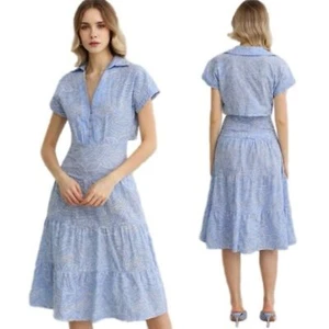 Vestido camisero Zara nuevo con etiquetas bordado con ojales azul y blanco con volantes en capas midi talla S - Imagen 1 de 15