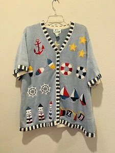 Quacker Factory Cardigan Sweater Nautical Coastal Embroidered Short Sleeve Sz 2X - Picture 1 of 7