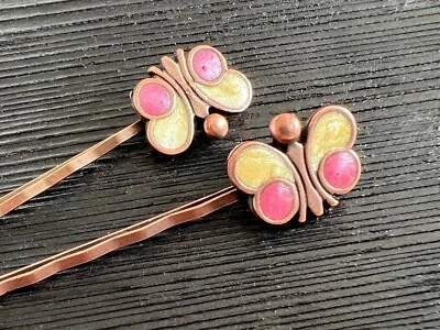 2 Vintage 1990s Copper Plated Enamelled Crystal Hair Grips Slides Butterfly BN - Image 1 of 4