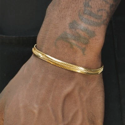 10K Yellow Gold 6mm Flat Snake Bone Bracelet Italian Made 7"- - Image 1 of 4