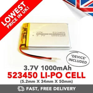 Batteria Li-Po 3.7V 1000mAh (523450 / 543450) ricaricabile + dispositivo - Foto 1 di 1
