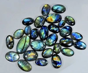 NATURAL MULTI FLASH LABRADORITE OVAL SHAPE CABOCHON LOOSE GEMSTONE WHOLESALE LOT - Picture 1 of 15