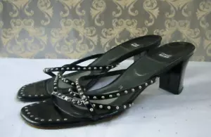 Stuart Weitzman Y2K Black Silver Studded Square Toe Kitten Heel Sandals - 7.5 - Picture 1 of 6