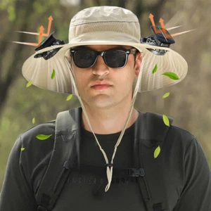Outdoor Wide Brim Sun Bucket Hat with 2 Solar Fan UV Protection for Men Women - Picture 1 of 12