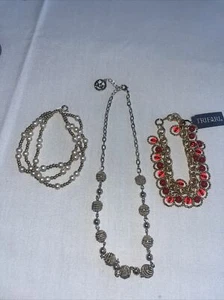 Vintage Crown Trifari Gold Bracelet Necklace Red Rhinestone Pearl Jewelry Lot - Picture 1 of 4