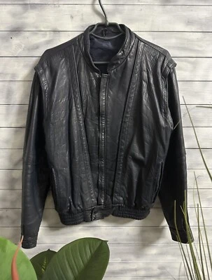 Rare Vintage Leather Jacket Moto Style Size M Color Dark Blue - Image 1 of 4