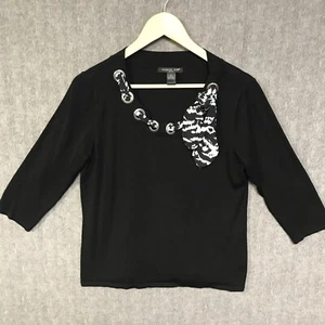 August Silk Shirt Large Petite Black Blouse Top Scarf Look 3/4 Sleeve - Picture 1 of 16