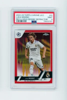 2022-23 Luka Modric Topps Chrome Red & Gold Seismic Refractor Card SSP PSA 9 - Image 1 of 3