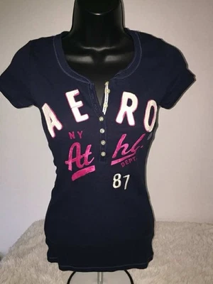 NWT AEROPOSTALE VNeck Short Sleeve Ribbed Henley Juniors/Women Navy/Pink - Image 1 of 4
