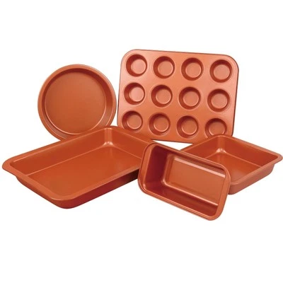 Copper Non Stick 5 Pc Cake Biscuit Muffin Oven Baking Tin Tray Pan Bakeware Set - Image 1 of 4