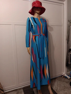 Rona New York Vibrant Maxi Dress A-line Long Sleeve L 14 Vintage Mod Geo Blue - Image 1 of 4