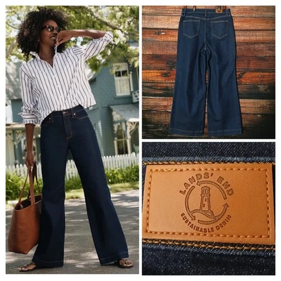 Pantalones de mezclilla Lands End talla 14 Recover tiro alto pierna ancha azul lavado oscuro elásticos Foto 1 de 4