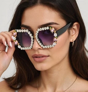 Retro Vintage Luxury Rhinestone  Diamond  Oversized UV Sunglasses Party Eyewears - Picture 1 of 32