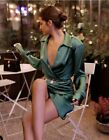 New Stunning Zara Size L Satin Effect Wrap Dress Mini Green Draped