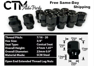 20Pc BLACK 7/16-20 OPEN END EXTENDED THREAD ET LUG NUT FIT VINTAGE PONTIAC&MORE - Picture 1 of 2