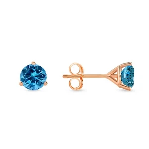2 Ct Round Blue Created Diamond Earrings Studs Real 14K Rose Gold Martini Push - Picture 1 of 3