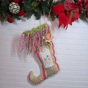 CHRISTMAS HOLIDAY STOCKING 18X12 CURLY TOE NEEDLEPOINT FLOWERS PAPER ORNAMENT - Picture 1 of 6