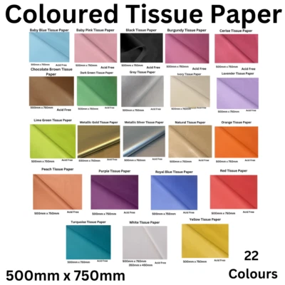 Coloured Tissue Paper - High Quality & Acid Free - 22 Colours 10 Sheet Packs
