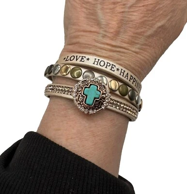 Turquoise Cross Golden Leather 18mm Snap Button Bracelet Love, Hope, Happiness - Image 1 of 4