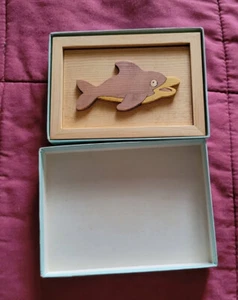 VTG 70s Japanese Brown Handcarved Wood Children's Dolphin Jigsaw Puzzle w/ Box - Picture 1 of 6