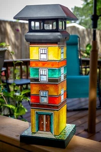 Handmade Hand Painted Wooden Lighthouse with Solar Powered Light - Picture 1 of 6
