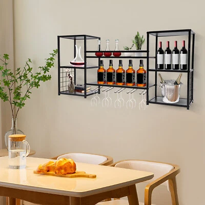 Wine Rack Wall-Mount Wine Glass Holder Bar Hanging Goblet Bottles Floating Shelf - Image 1 of 4