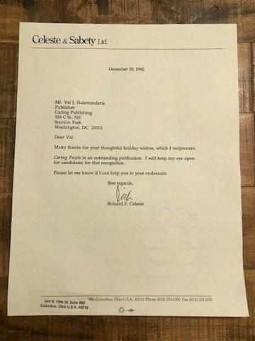 1 ORIGINAL Letter to Val Halamandaris/NAHC Fm: Richard Celeste/Frmr Gov Ohio Cover