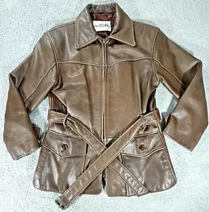 Vintage Sea Dream Leather Jacket Men Small Brown Pockets Full Zip Removable Belt - Picture 1 of 15