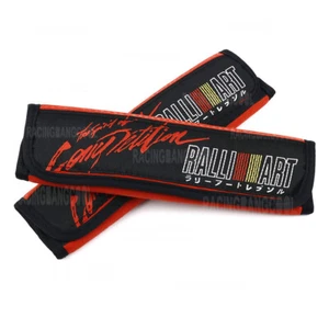 1Pair Ralliart Red Suede Fabric Seat Belt Cover Embroidery Logo Shoulder Pads - Picture 1 of 4