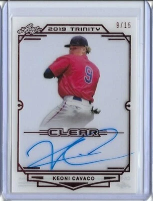 2019 Leaf Trinity KEONI CAVACO Clear Acetate Red Auto RC 9/15 Jersey 1/1 Twins - Image 1 of 2