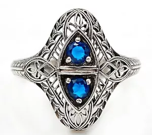 1CT Treated Blue Sapphire 925 Sterling Silver Filigree Ring Jewelry Sz 9 - Picture 1 of 3
