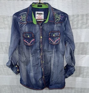 ROAR Blouse-Blue Fade Cotton, Embroidered, Jeweled, Cross, Pockets, Cowgirl LG - Picture 1 of 9