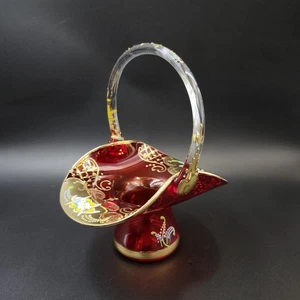 Cesta vintage Tre Fuochi de vidrio rubí y oro con mango aplicado flor pintada a mano - Imagen 1 de 18