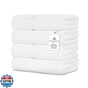 Villa Celestia 600 GSM 100% Cotton Bath Towels, White, Set of 4, Highly Absor - Picture 1 of 5