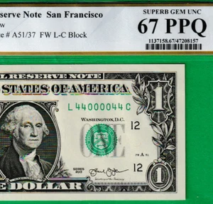 $1  FEDERAL RESERVE NOTE BINARY RADAR  Serial Numbers  44000044  PCGS 67 PPQ - Picture 1 of 3