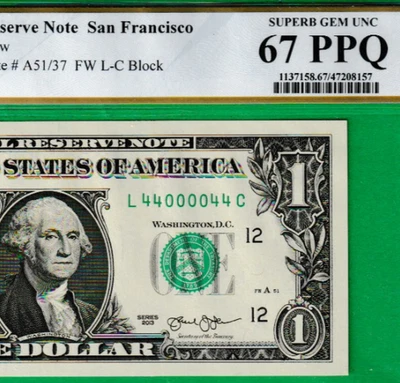 $1  FEDERAL RESERVE NOTE BINARY RADAR  Serial Numbers  44000044  PCGS 67 PPQ - Image 1 of 3