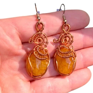 Funkelnde orange Aventurin Ohrhänger Kupfer Geschenk für Frau Draht Wickel Schmuck - Bild 1 von 13