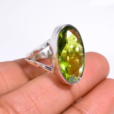 Green Peridot Glass Ring Green Cut Stone 925 Sterling Silver Statement Boho Ring - Image 1 of 4