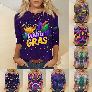 Women's Fashion Casual Seven Sleeve Mardi Gras Printed Pullover Top - Picture 1 of 36