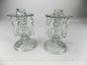 Pair Elegant Glass Candlesticks w Prisms Candle Holder Stick - Picture 1 of 9