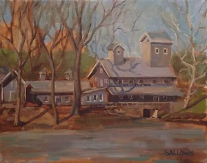 Pintura al óleo de paisaje de otoño Waterville Ohio histórico Ludwig Mill River Salvows - Imagen 1 de 3