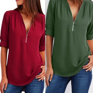 New Shirt Half Sleeve Shirt Plus Size Fashion Women's Top Zipper V-neck - Picture 1 of 17