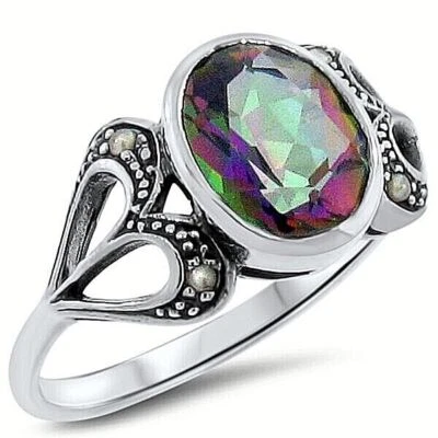 ANTIQUE STYLE MYSTIC QUARTZ & PEARL 925 STERLING SILVER FILIGREE RING       #300 - Image 1 of 3