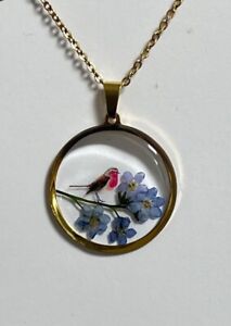 Forget me not robin resin gold pendant necklace memorial Bereavement jewellery