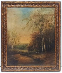 1904 ANTIQUE SIGNED ORIGINAL O/C LANDSCAPE SUNSET OVER FORESTED RIVER w/ DEER - Picture 1 of 8
