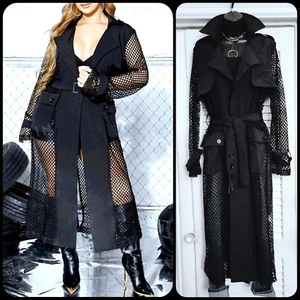 Chic Black Contrast Mesh Open Front Long Trench Coat M - Picture 1 of 13