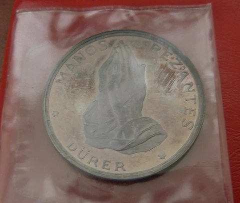 Equatorial Guinea 1970 Silver 100 Pesetas Toned PROOF Durer's Praying Hands Cover
