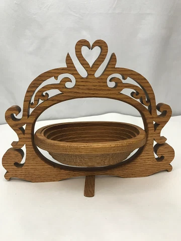 Ornate Hand Carved Wood Collapsible Bowl Fruit Basket with Handle -  Trivet Cover