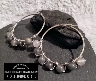 Cloud Quartz. Stainless Steel Hoops. Hand wrapped Crystal. Metaphysical. Pair. - Image 1 of 4