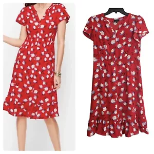 NWT Talbots Women's 2P Red Floral Short Flutter Sleeve Flounce Hem Midi Dress - Picture 1 of 8